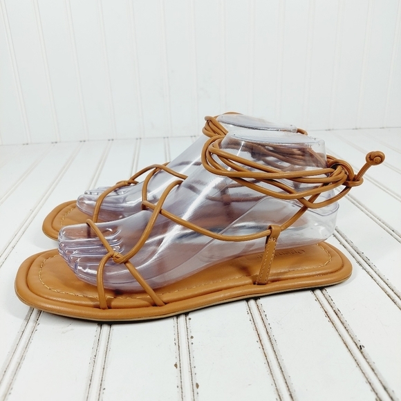 NEW Open Edit Brown Leather Strappy Lace Up Ankle Summer Flat Sandals M485 - Picture 1 of 11